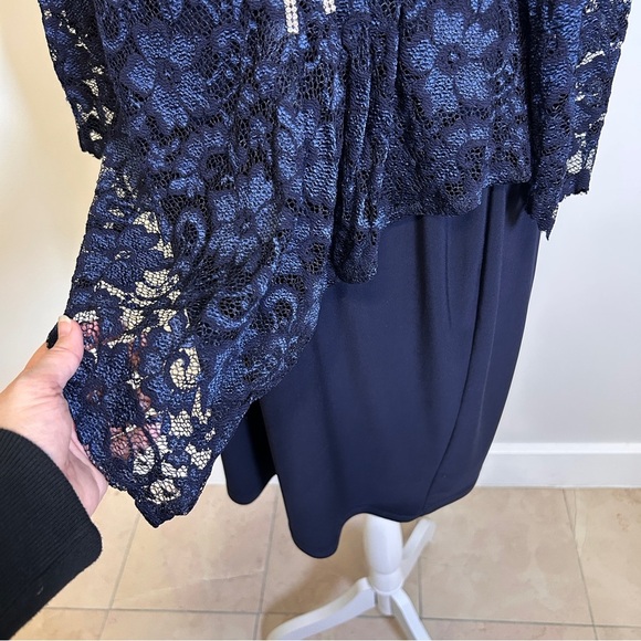 Joseph Ribkoff Dress women’s Size 14 Navy Lace overlay 3/4 sleeve Rhinestone - Picture 3 of 12